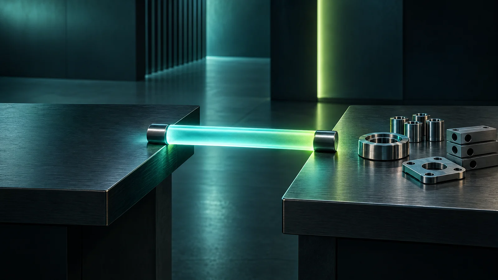 An illuminated aqua baton bridges two industrial work surfaces, illustrating continuity between shifts.